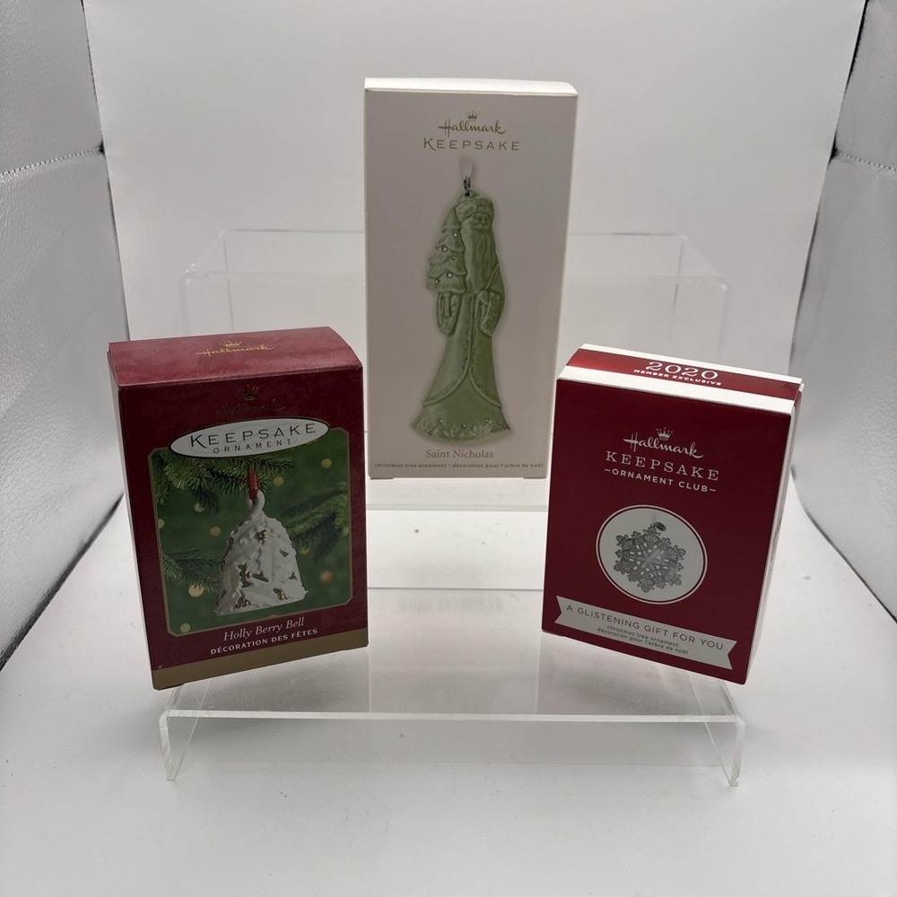 Hallmark Keepsake Ornaments~Lot of 3~Holly Berry Bell, Snowflake, and St. Nichol